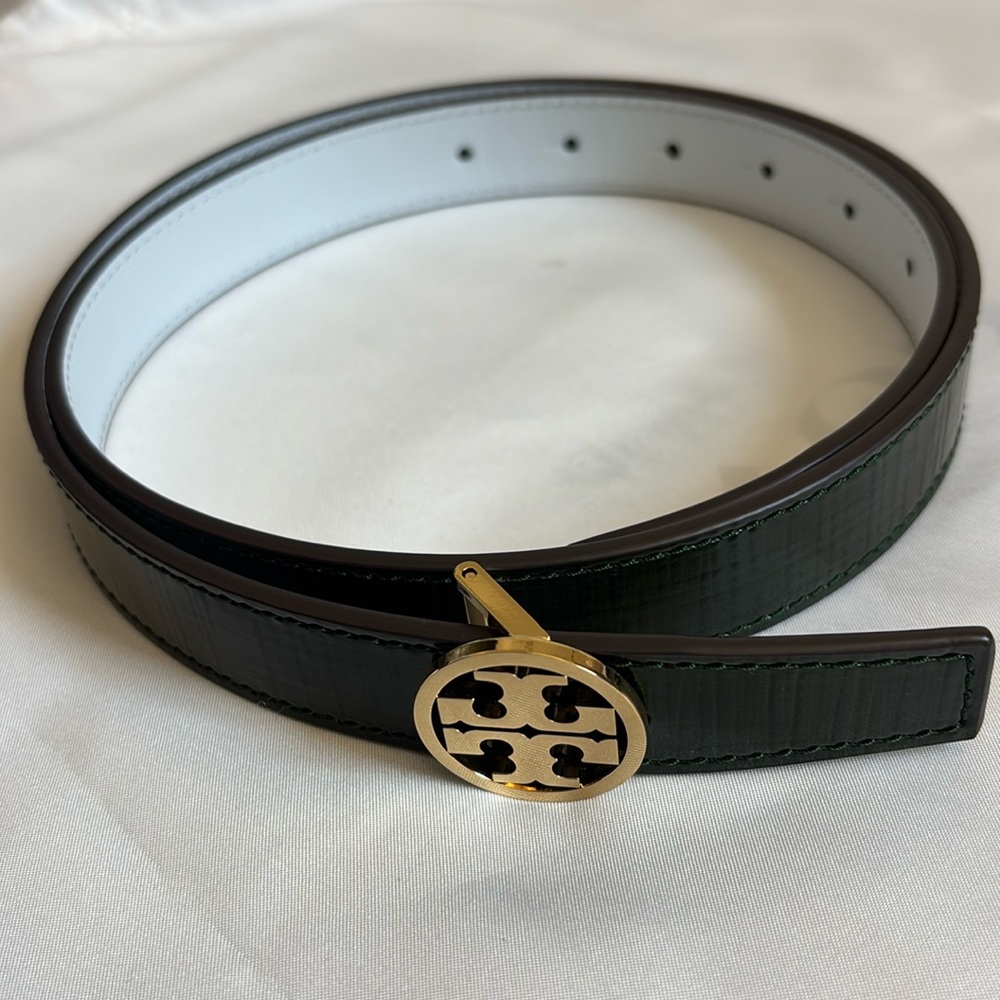 Tory Burch 1” Miller Crosshatch Belt, Color: EverGreen, Sz Medium